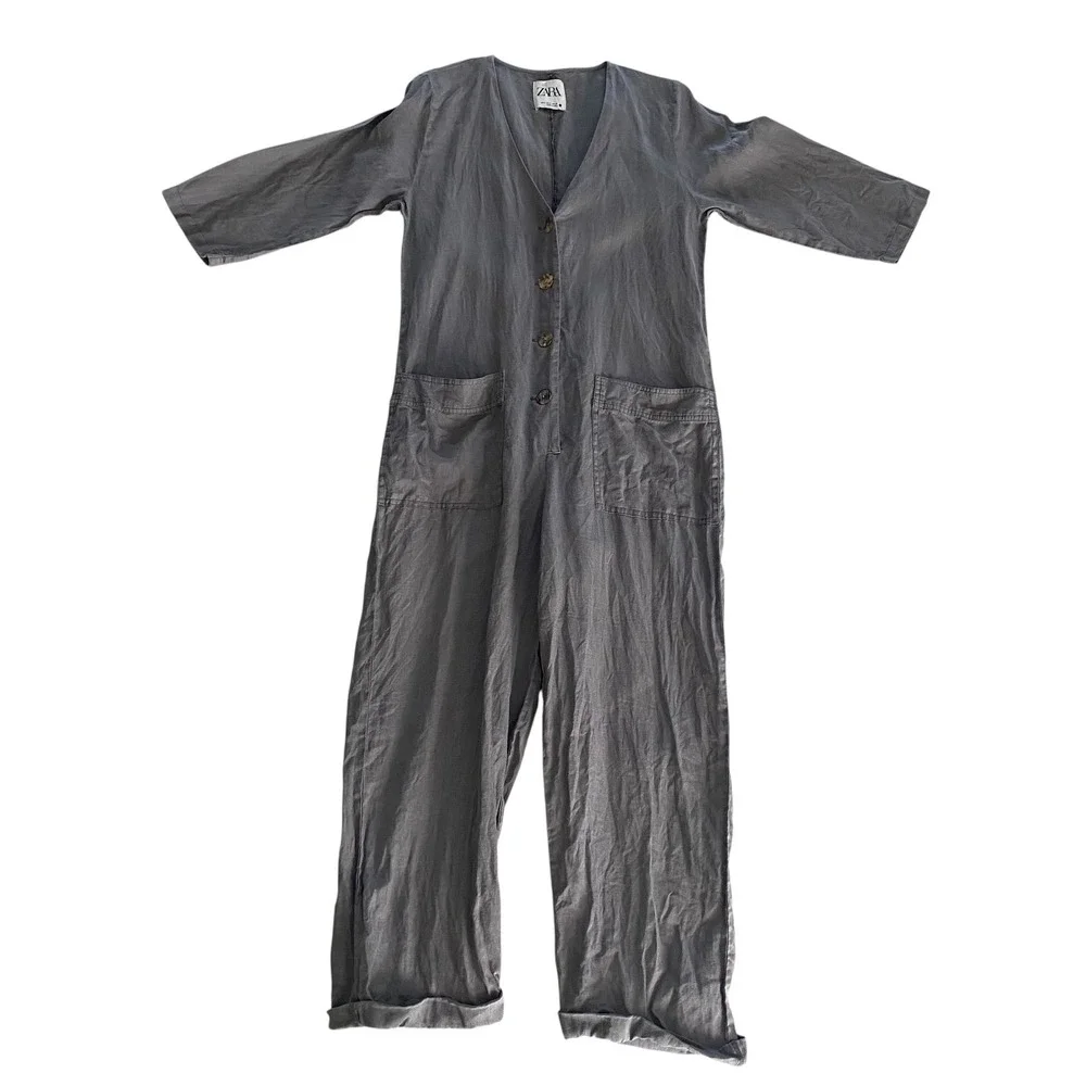 Zara Lilllian Jumpsuit Womens S Gray Linen Blend Button Front Utility Jumpsuit‎